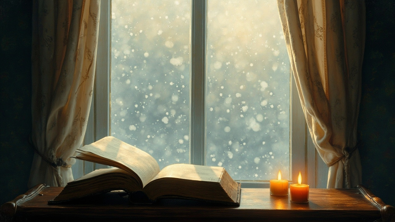 Flocons de neige à travers une fenêtre — un livre ouvert à la lueur d'une bougie