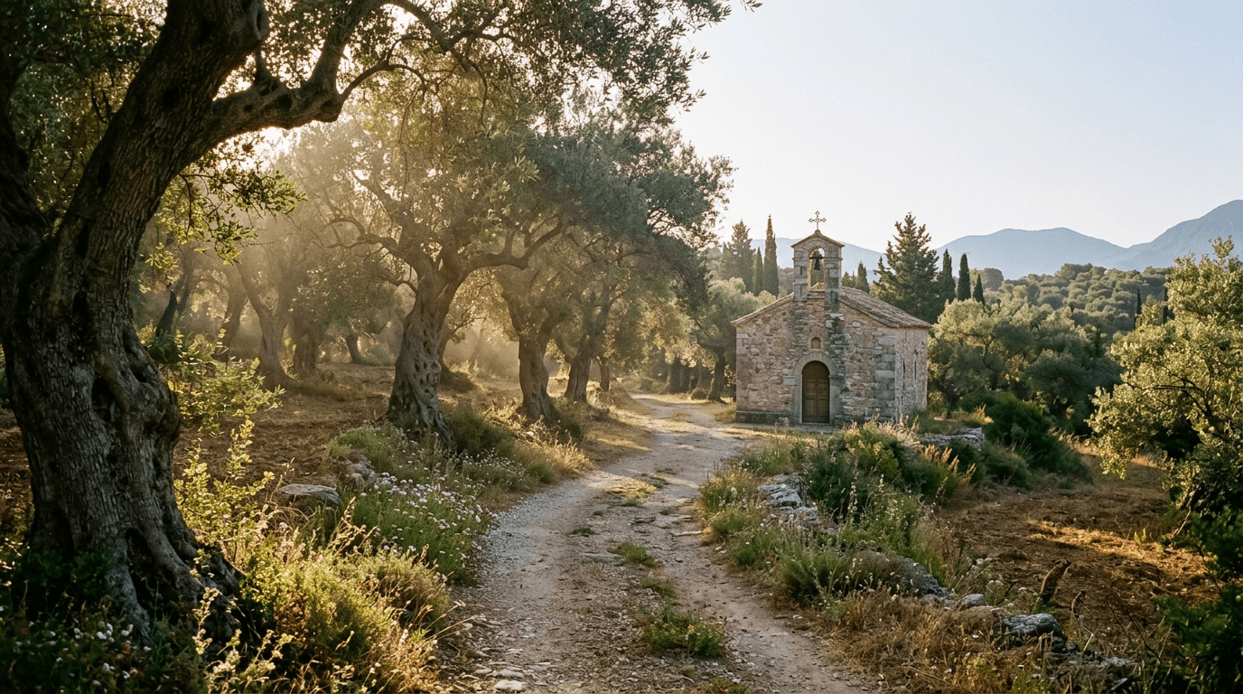 Chemin vers une chapelle dans les oliviers