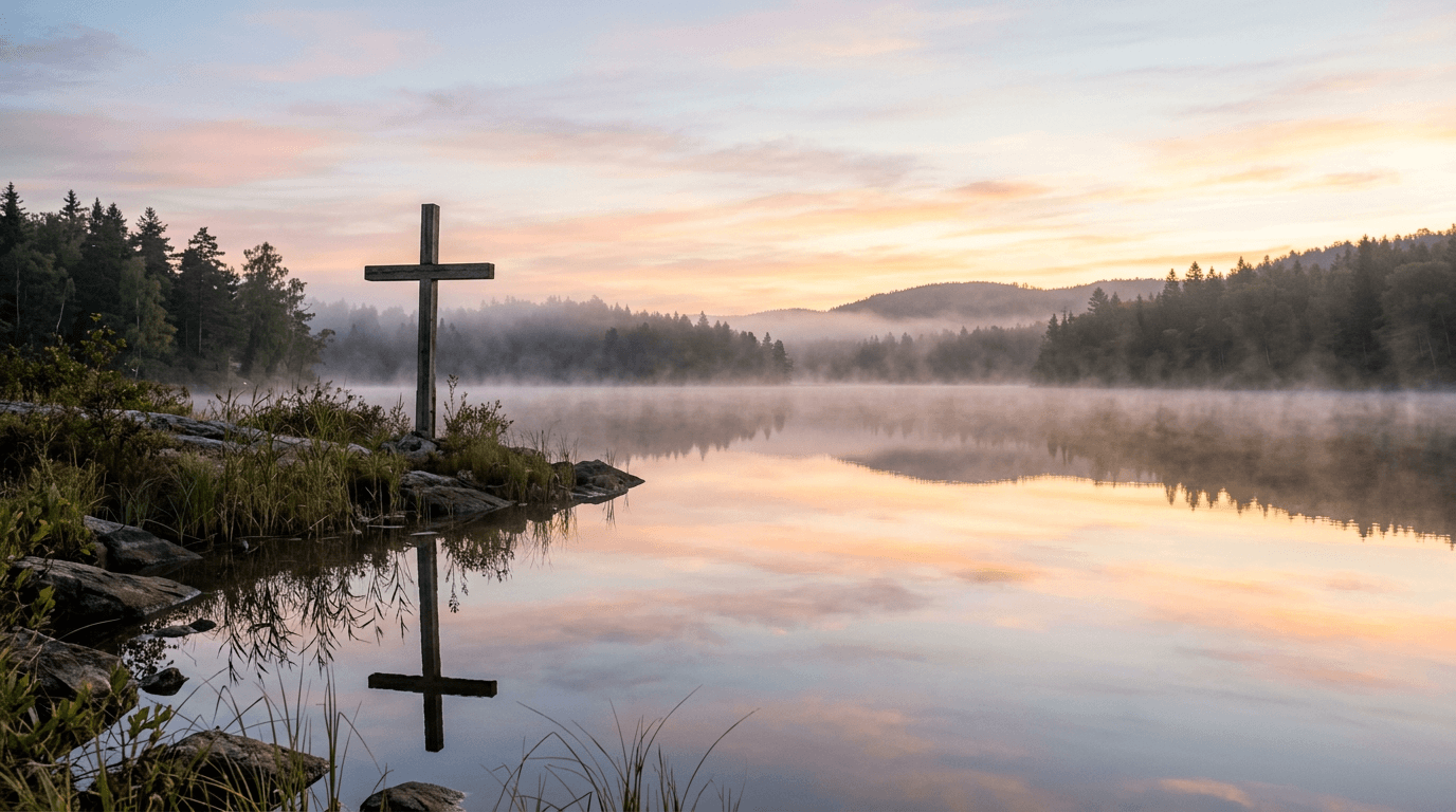 Croix au bord d'un lac à l'aube
